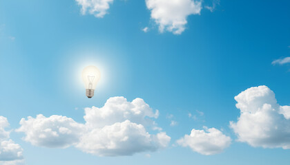 Bright sky with fluffy white clouds and a glowing light bulb floating among them, symbolizing innovation and ideas 1