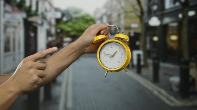 Male hand holding a yellow clock while pointing at it on a city street, suggesting urgency or time awareness against an urban backdrop.