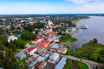 Fototapeta premium Aerial view of the city of Myshkin and the Volga river. Russia