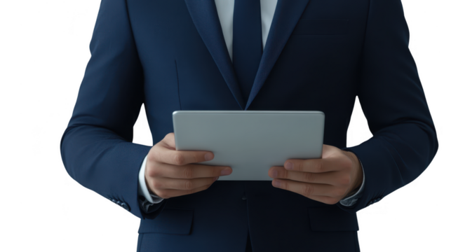 Man with tablet transparent isolated png for business decoration.