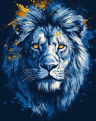 Fototapeta premium Majestic lion illustration in bold blue hues with splattered paint effects 