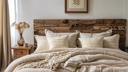 a cozy, rustic-style bedroom with a warm and inviting atmosphere. The layout features a wooden bed with a headboard made of reclaimed wood