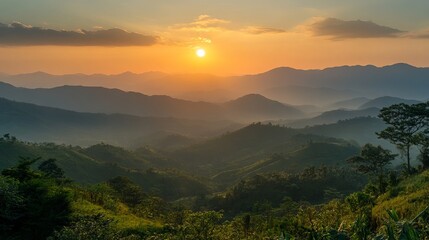 Serene Sunset Landscape Golden Hour Mountain Range View Picturesque Hills Scenic Nature Tranquil Peaceful Breathtaking Vista Amazing Panorama         