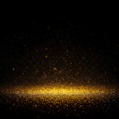 Fototapeta premium Golden glitter particles fall and gather on a dark surface, creating a magical, sparkling effect with a sense of depth. Generative AI.