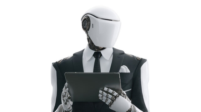 Businessman robot transparent no background in suit and hold the tablet. - Powered by Adobe