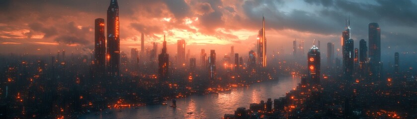 Naklejka premium City skyline at sunset, where buildings are illuminated with the warm glow of the setting sun and the sky is a symphony of colors. The image captures the city's essence, highlighting urban life.