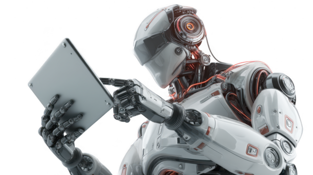 Ai robot isolated 3d hold the tablet without background using for future technology purpose.