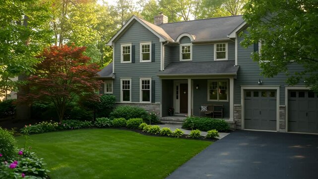 Beautiful green lawn in front of a cozy two-story house