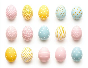 Fototapeta premium Colorful Easter Eggs Arranged in a Grid. Hand-painted designs on pastel-colored eggs