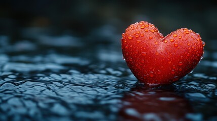 Red heart shape with water droplets on dark wet stones surface.
