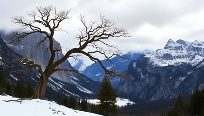Obraz premium Big tree above a snowy valley, under a cloudy sky. Surrounded by large mountains