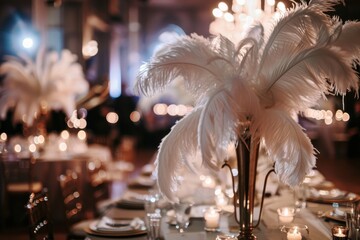 Elegant centerpiece with white feathers and sparkling details at a festive event in an upscale venue during the evening hours