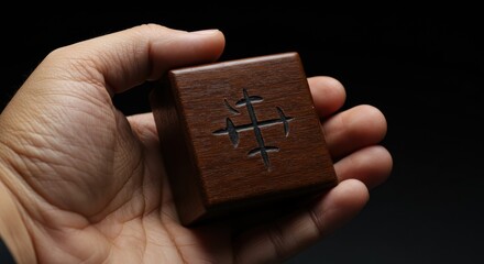 Obraz premium Hand holding engraved wooden cube - photo