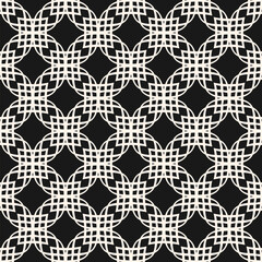 Vector abstract geometric ornamental seamless pattern. Elegant black and white ornament texture with thin curved lines, grid, lattice, tiles. Simple monochrome background. Repeated modern geo design