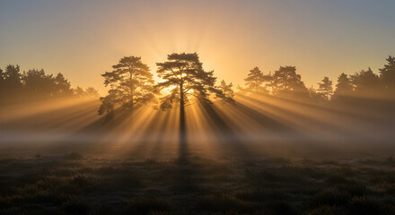 Fototapeta premium Golden Rays Through The Forest Trees At Dawn In A Dreamy Landscape