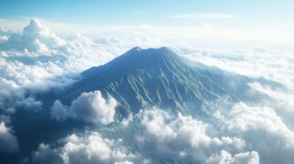 Aerial view of volcano surrounded by clouds on a sunny day for travel themes