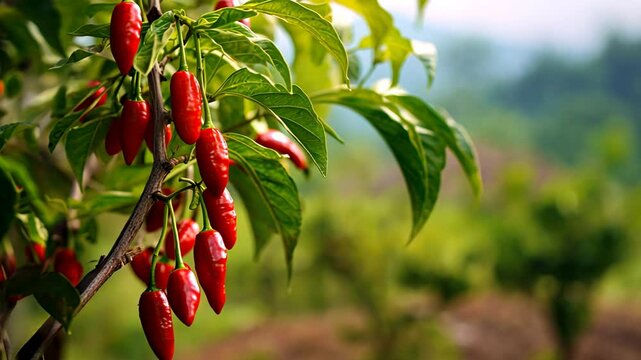 Vibrant close-up of ripe red chili peppers growing on a tree in nature
