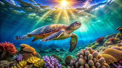 Obraz premium Majestic Sea Turtle Gracefully Navigating Vibrant Coral Reef Under Sunlit Ocean Surface