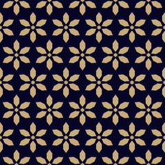 Luxury vector floral seamless pattern. Abstract golden geometric ornamental texture with small flowers, stars. Black and gold ornament in oriental style. Stylish modern background. Repeating design