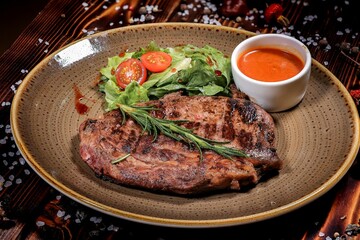 Appetizing Grill Steak with Salad, Cherry Tomatoes, and Sauce on Plate, Angled View with Rosemary, Wooden Table, for Restaurant Menu, Culinary, and Advertising.