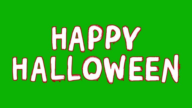 White Happy Halloween Text with Red Outline on Green Screen Description: A bold white "Happy Halloween" greeting with a thin red outline animated against a green screen. This high-contrast holiday ele