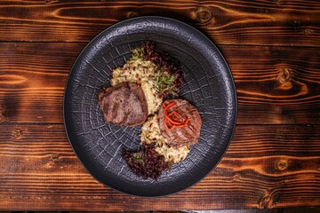 Juicy beef steaks with Orzo pasta side dish on black plate, top view.