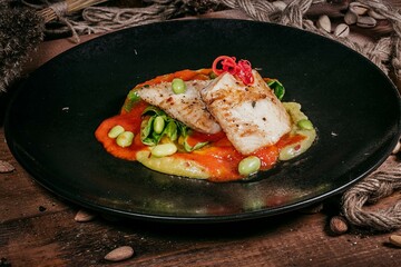 Delicate Fish Fillet, Artfully Served on Vegetable Cushion with Sauce and Edamame, Garnished with Red Chili Pepper, on Dark Plate, Creates a Culinary Masterpiece on Wooden Table.