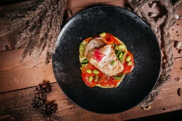Appetizing Fish Fillet on Vegetable Cushion with Sauce and Edamame Beans, Garnished with Red Chili Pepper, on Elegant Black Plate, Culinary Still Life on Wooden Table.