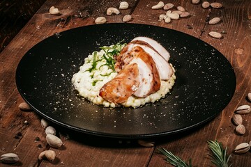 Grilled Chicken Breast on Black Plate with Creamy Sauce and Vegetables, Broccoli and Green Beans, Decor of Tree Branches and Rosemary on Wooden Table, Healthy and Exquisite Cuisine.
