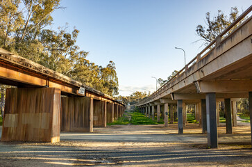 Two parallel underside sections of the Echuca-Moama Bridge connect the border towns of Echuca in Victoria and Moama in New South Wales, Australia