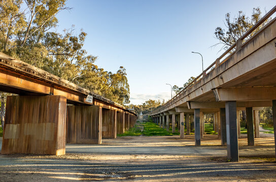 Two parallel underside sections of the Echuca-Moama Bridge connect the border towns of Echuca in Victoria and Moama in New South Wales, Australia