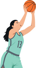 Fototapeta premium Female basketball player shooting ball in teal uniform vector illustration 