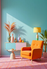 A colorful design interior concept in 3D render, featuring a orange armchair, paired with a playful console table in pastel colors. 
