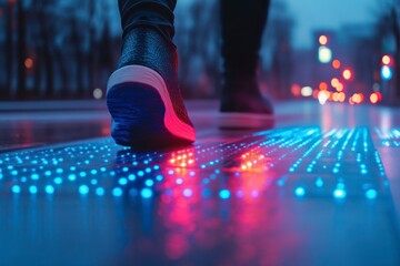 Fototapeta premium Illuminated Path A CloseUp of Sneakers on a Vibrant LED Walkway at Night
