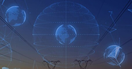 Large blue holographic globe floating above steel lattice towers, featuring smaller spheres - Powered by Adobe