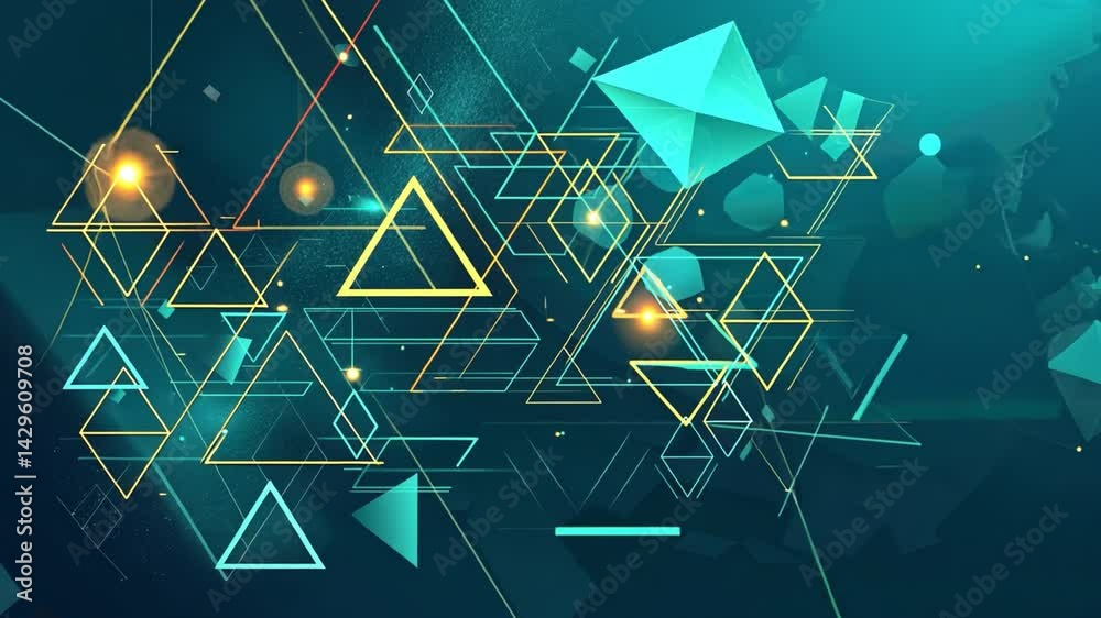 Poster vibrant abstract background with dynamic geometric shapes triangles and polygons in teal and yellow 