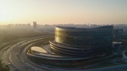 Golden-hour drone shot captures a sleek curved building with black-and-gold facade, set against Shanghai's skyline—sun rays accentuate its modern architecture amid the vibrant cityscape.

