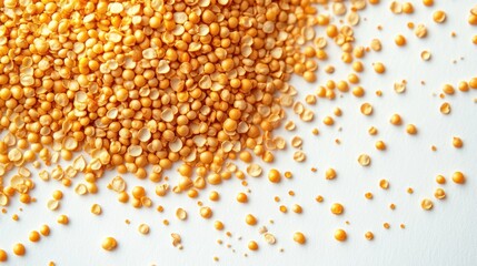 Yellow lentils scattered on a white surface close up food ingredient.