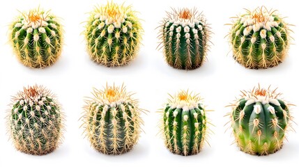 Eight Green Cactus Plants Isolated on White Background