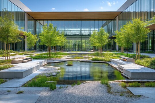 Modern Courtyard with Reflective Pond and Lush Greenery Architectural Design Serene Outdoor S