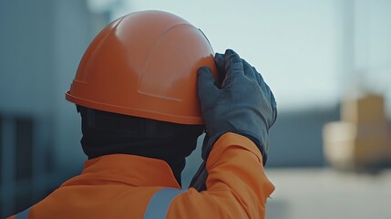 Worker in Safety Gear Adjusting Hard Hat