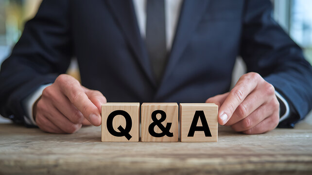 Businessperson presents wooden blocks spelling Q & A on a wooden surface implying questions and answers.