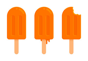 Set of orange popsicles in whole, melting, and bitten stages. Summer dessert, orange, tangerine and peach frozen treat concept. Flat vector illustration isolated on white background
