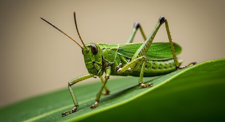 Fototapeta premium A hyper-detailed macro image of a green leaf grasshopper camouflaged perfectly against a real leaf. Its body texture mimics leaf veins, with subtle color variations.