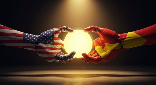 Robotic Hands Tugging Golden Globe in Dramatic Lighting