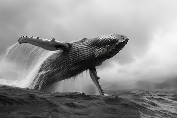 Fototapeta premium Majestic humpback whale breaches the ocean surface in dramatic black and white against a moody sky