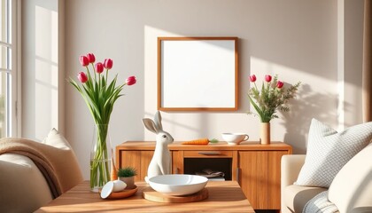 Sunny Easter living room with blank frame, tulips, and bunny decor