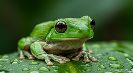 Obraz premium A close-up macro image of a bright green tree frog resting on a wet tropical leaf. Its moist skin glistens, showing fine pores and natural color gradients.