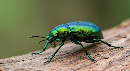 Naklejka premium A macro shot of a metallic green beetle crawling across the bark of a tree. The exoskeleton shines with iridescent hues of emerald, gold, and blue, revealing tiny scratches and natural patterns.