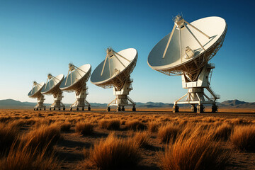 A field of radio telescopes are set up in a dry desert field under clear blue skies